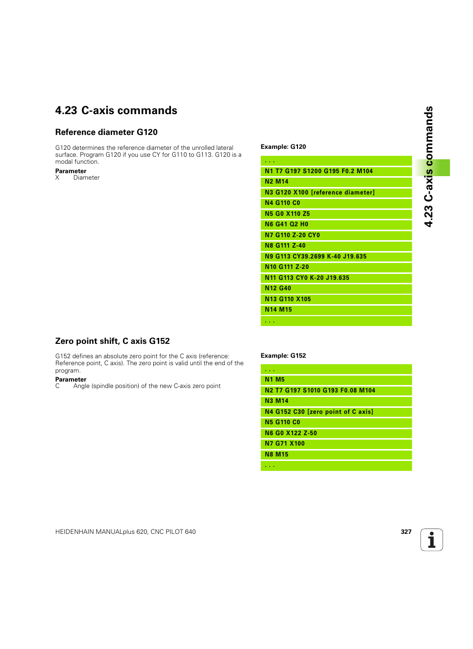 23 c-axis commands, Reference diameter g120, Zero point shift, c axis g152 | HEIDENHAIN SW 54843x-02 DIN Programming User Manual | Page 327 / 601