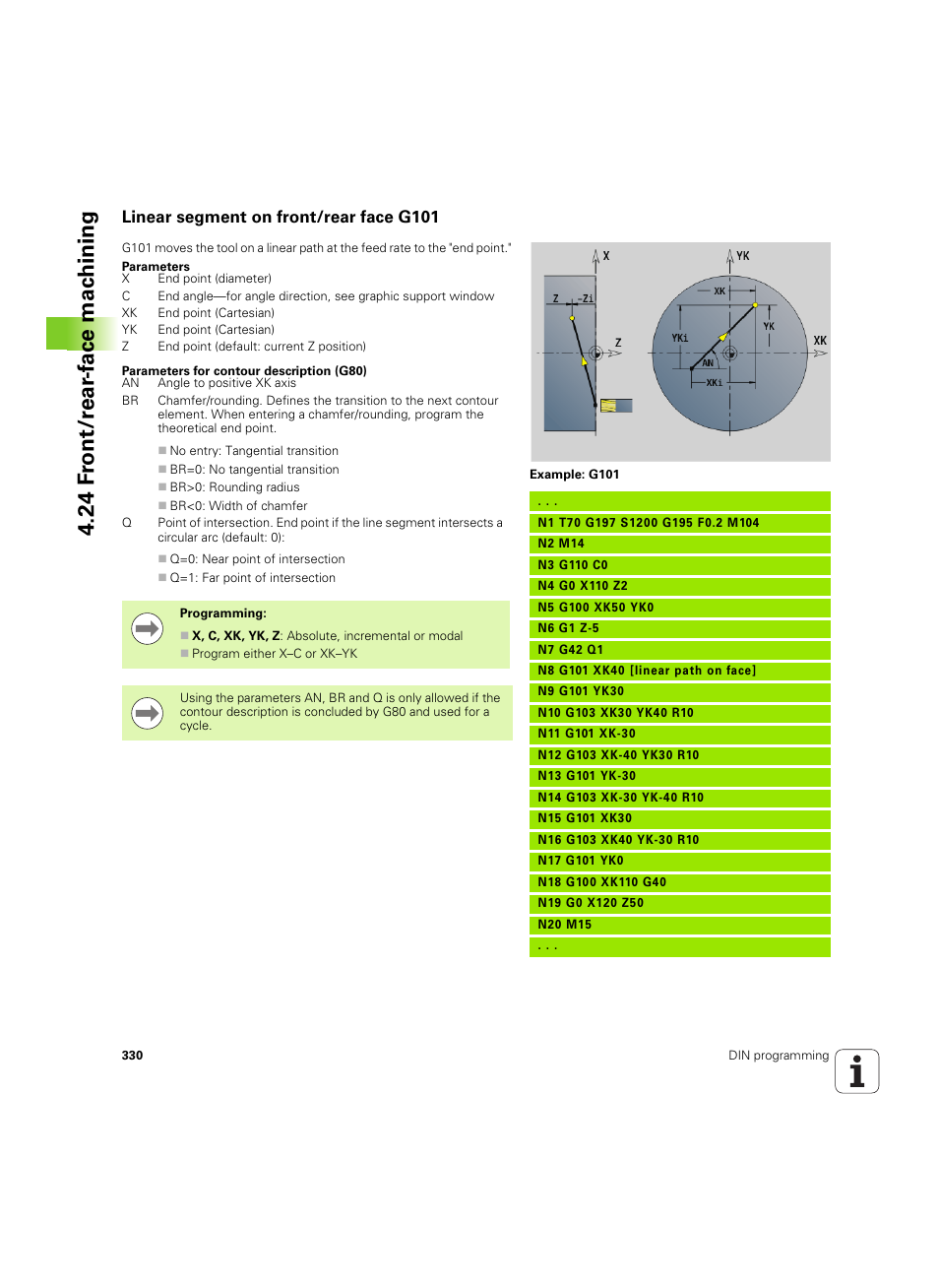 Linear segment on front/rear face g101, 24 f ront/r ear -f ace mac h ining | HEIDENHAIN SW 54843x-02 DIN Programming User Manual | Page 330 / 601