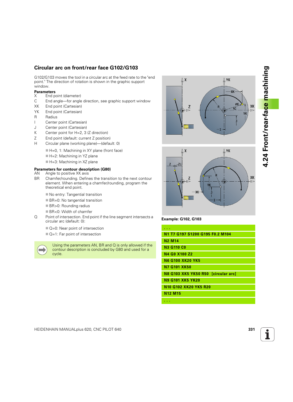 Circular arc on front/rear face g102/g103, 24 f ront/r ear -f ace mac h ining | HEIDENHAIN SW 54843x-02 DIN Programming User Manual | Page 331 / 601