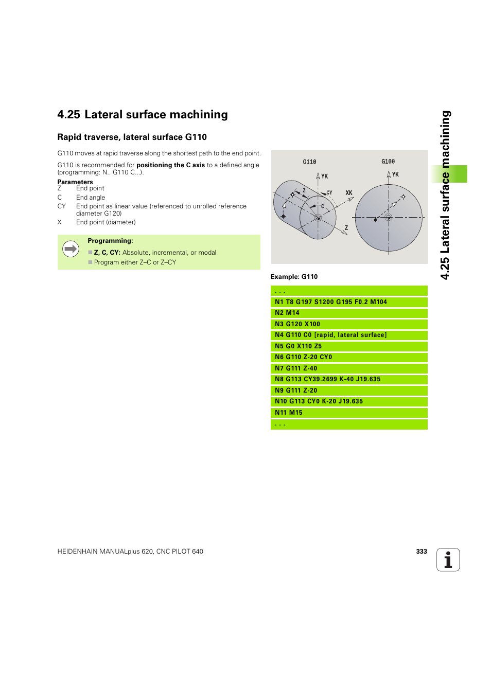 25 lateral surface machining, Rapid traverse, lateral surface g110 | HEIDENHAIN SW 54843x-02 DIN Programming User Manual | Page 333 / 601