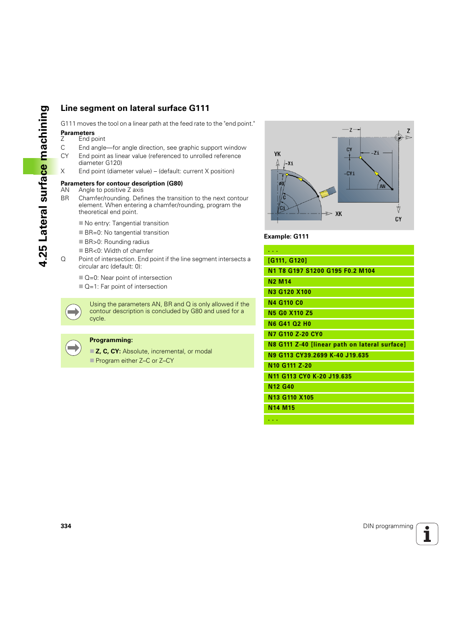 Line segment on lateral surface g111, 25 lat e ra l surf ace mac h ining | HEIDENHAIN SW 54843x-02 DIN Programming User Manual | Page 334 / 601