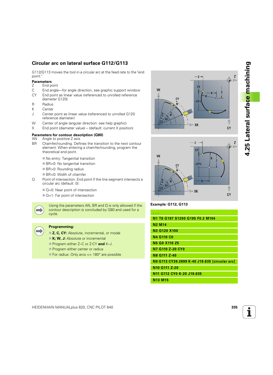 Circular arc on lateral surface g112/g113, 25 lat e ra l surf ace mac h ining | HEIDENHAIN SW 54843x-02 DIN Programming User Manual | Page 335 / 601