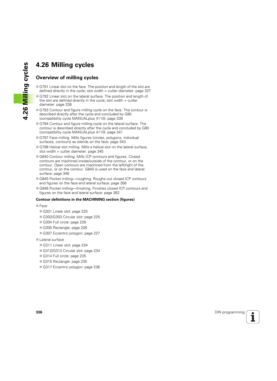 26 milling cycles, Overview of milling cycles | HEIDENHAIN SW 54843x-02 DIN Programming User Manual | Page 336 / 601