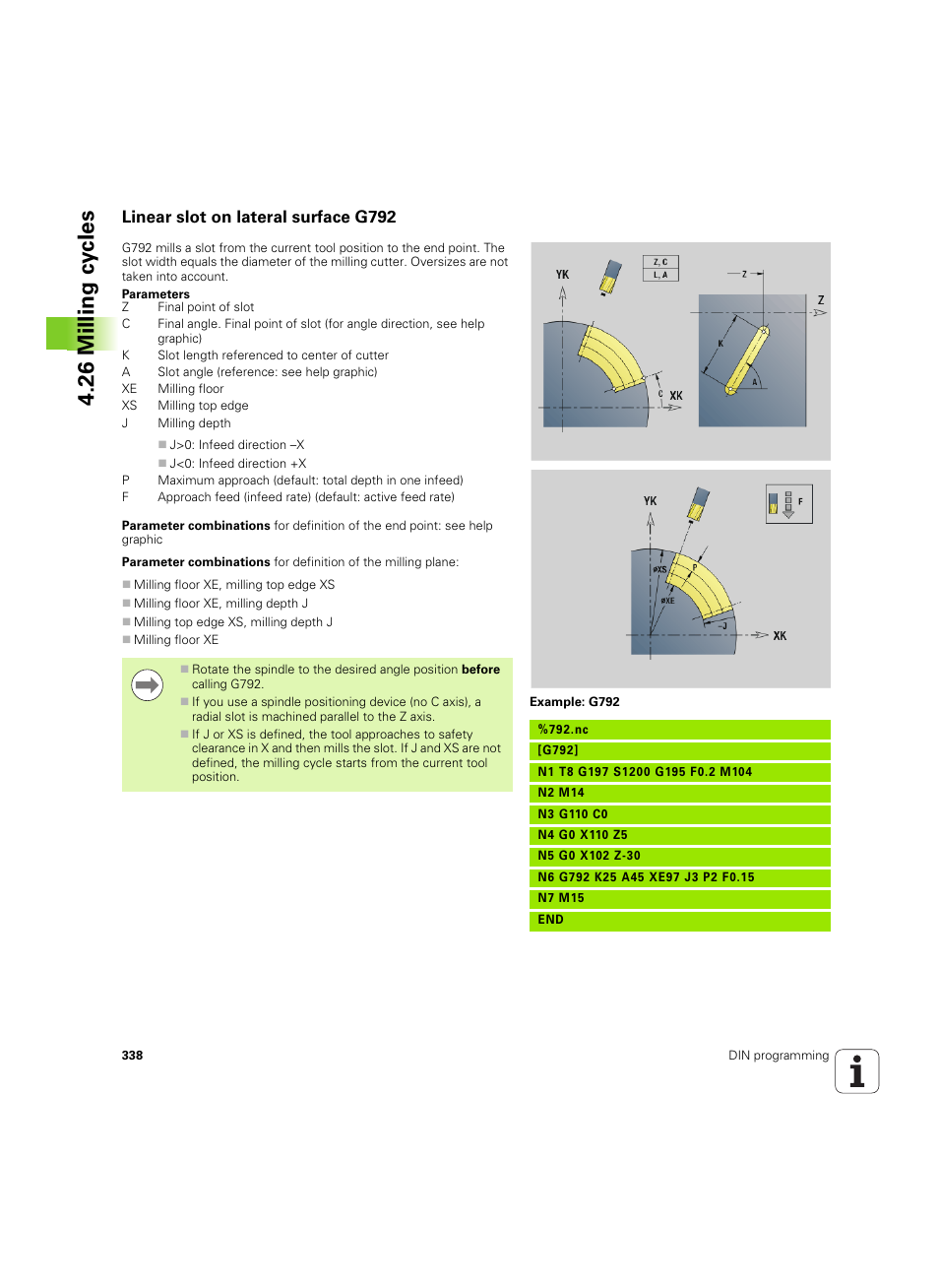 Linear slot on lateral surface g792, 26 milling cy cles | HEIDENHAIN SW 54843x-02 DIN Programming User Manual | Page 338 / 601