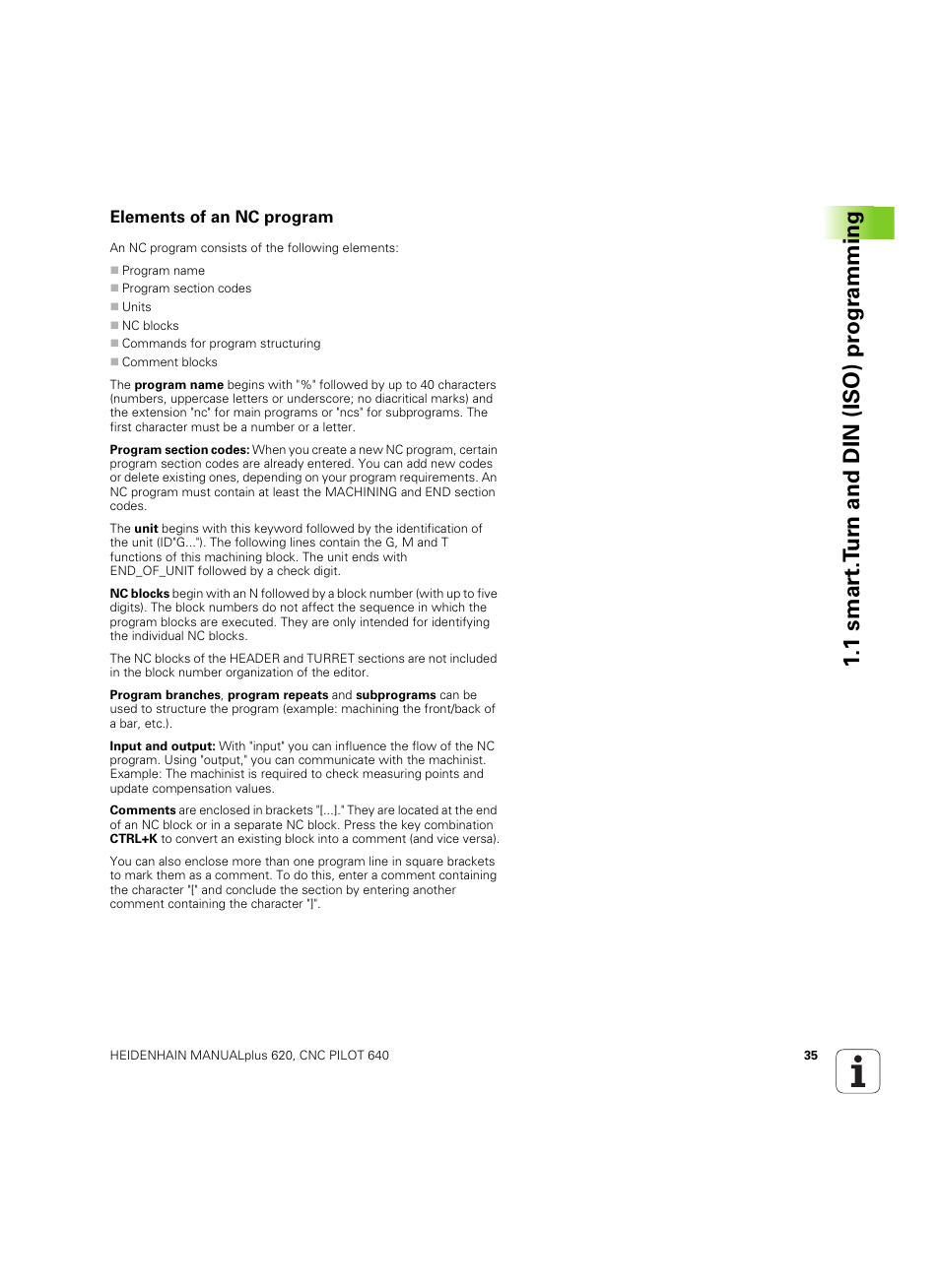 Elements of an nc program, 1 smar t.t u rn and din (iso) pr ogr a mming | HEIDENHAIN SW 54843x-02 DIN Programming User Manual | Page 35 / 601