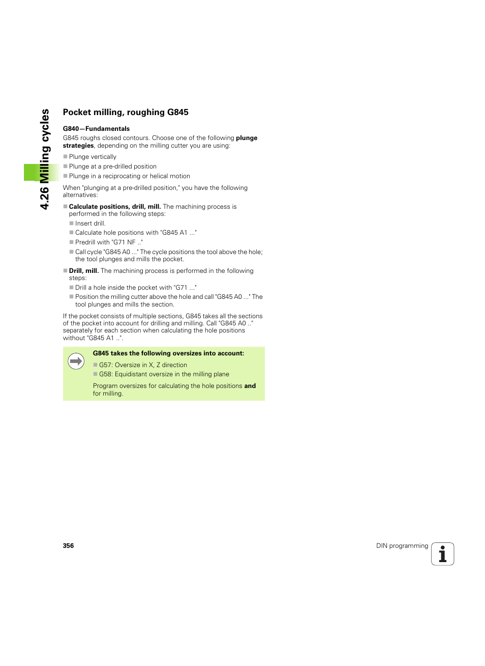 Pocket milling, roughing g845, 26 milling cy cles | HEIDENHAIN SW 54843x-02 DIN Programming User Manual | Page 356 / 601