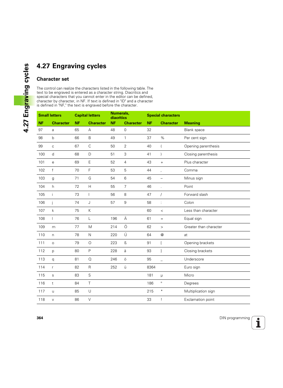 27 engraving cycles, Character set | HEIDENHAIN SW 54843x-02 DIN Programming User Manual | Page 364 / 601