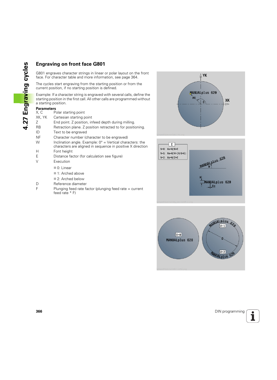 Engraving on front face g801, 27 engr a v ing cy cles | HEIDENHAIN SW 54843x-02 DIN Programming User Manual | Page 366 / 601