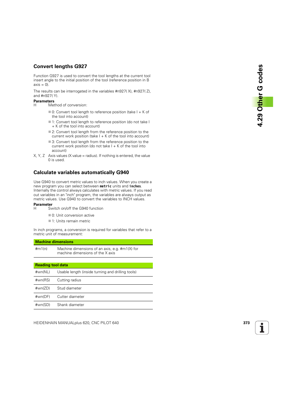 Convert lengths g927, Calculate variables automatically g940, 29 other g codes | HEIDENHAIN SW 54843x-02 DIN Programming User Manual | Page 373 / 601