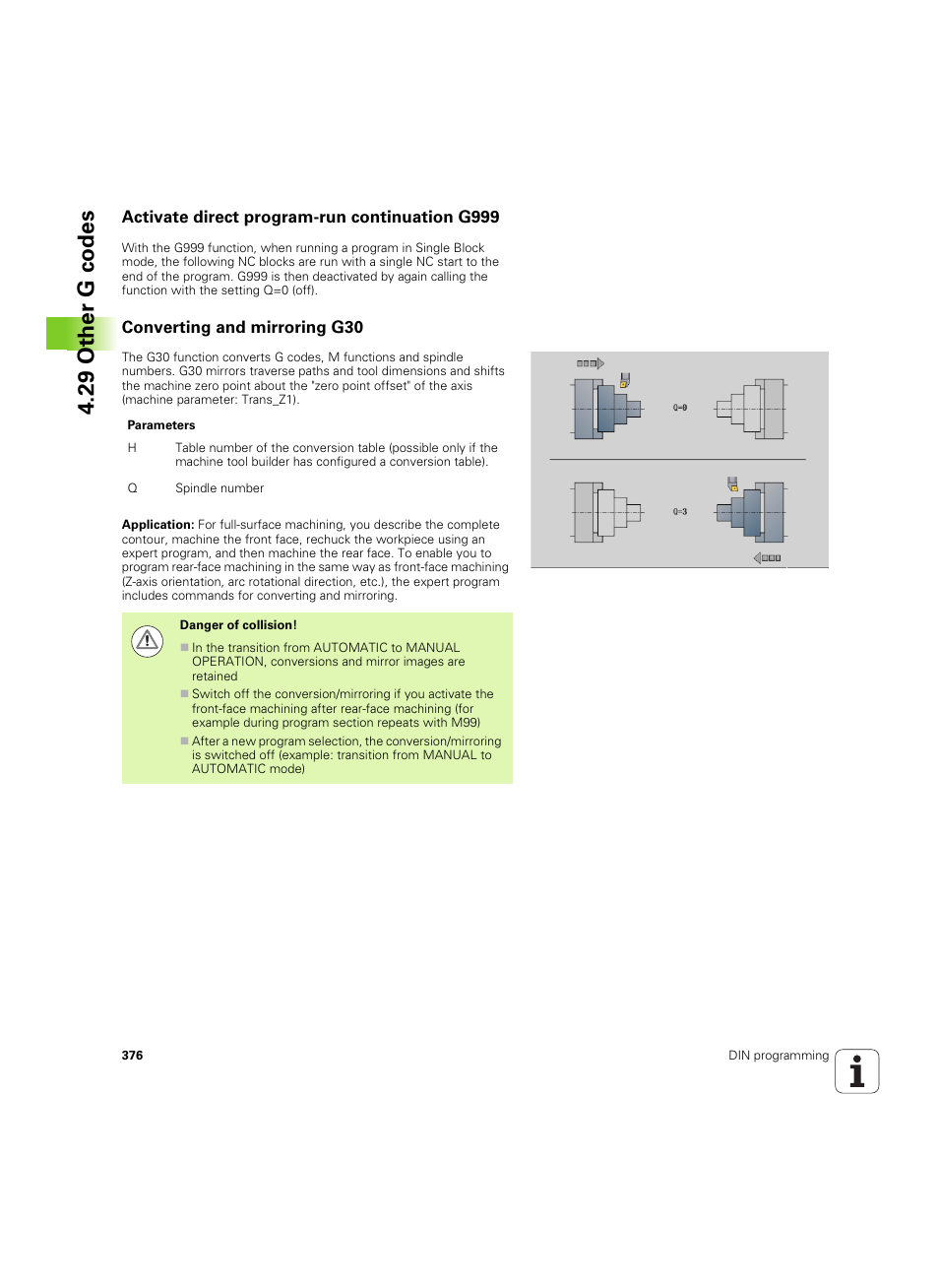 Activate direct program-run continuation g999, Converting and mirroring g30, 29 other g codes | HEIDENHAIN SW 54843x-02 DIN Programming User Manual | Page 376 / 601
