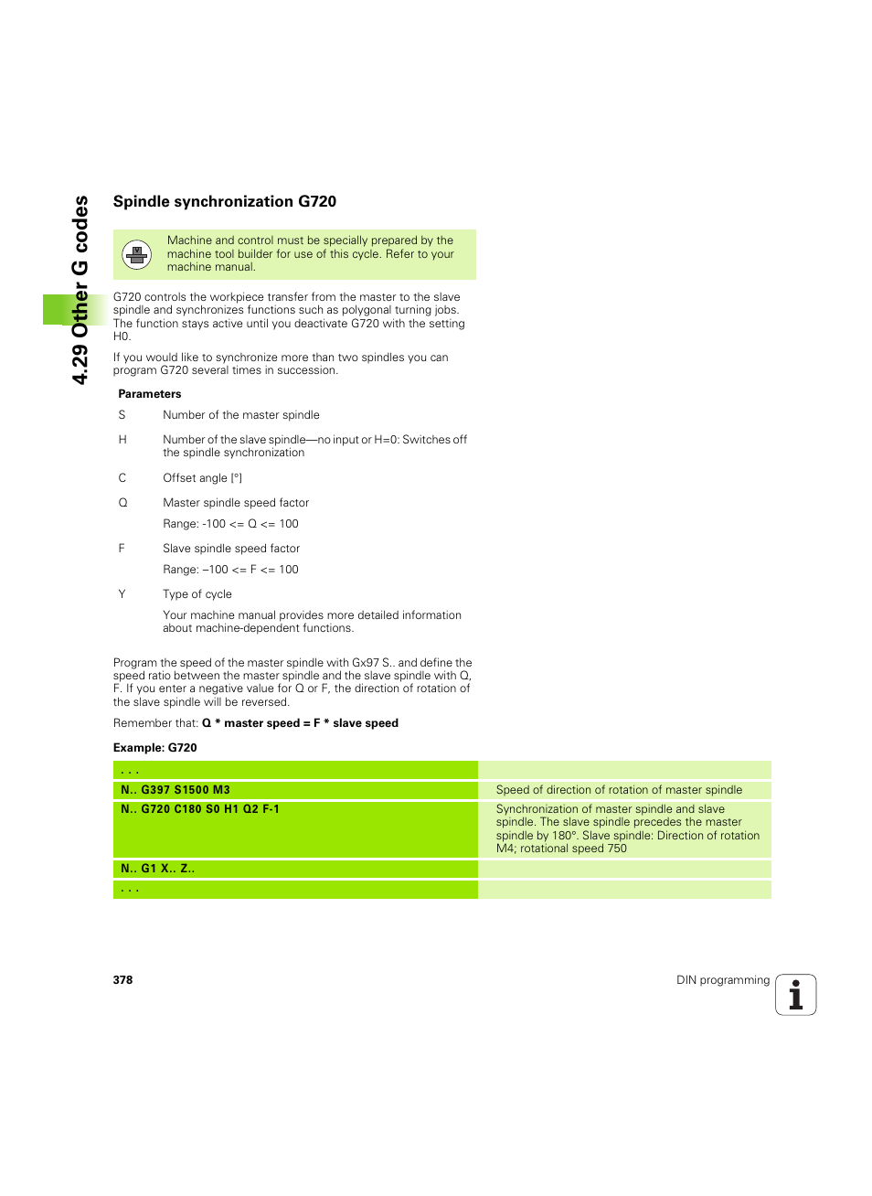 Spindle synchronization g720, 29 other g codes | HEIDENHAIN SW 54843x-02 DIN Programming User Manual | Page 378 / 601
