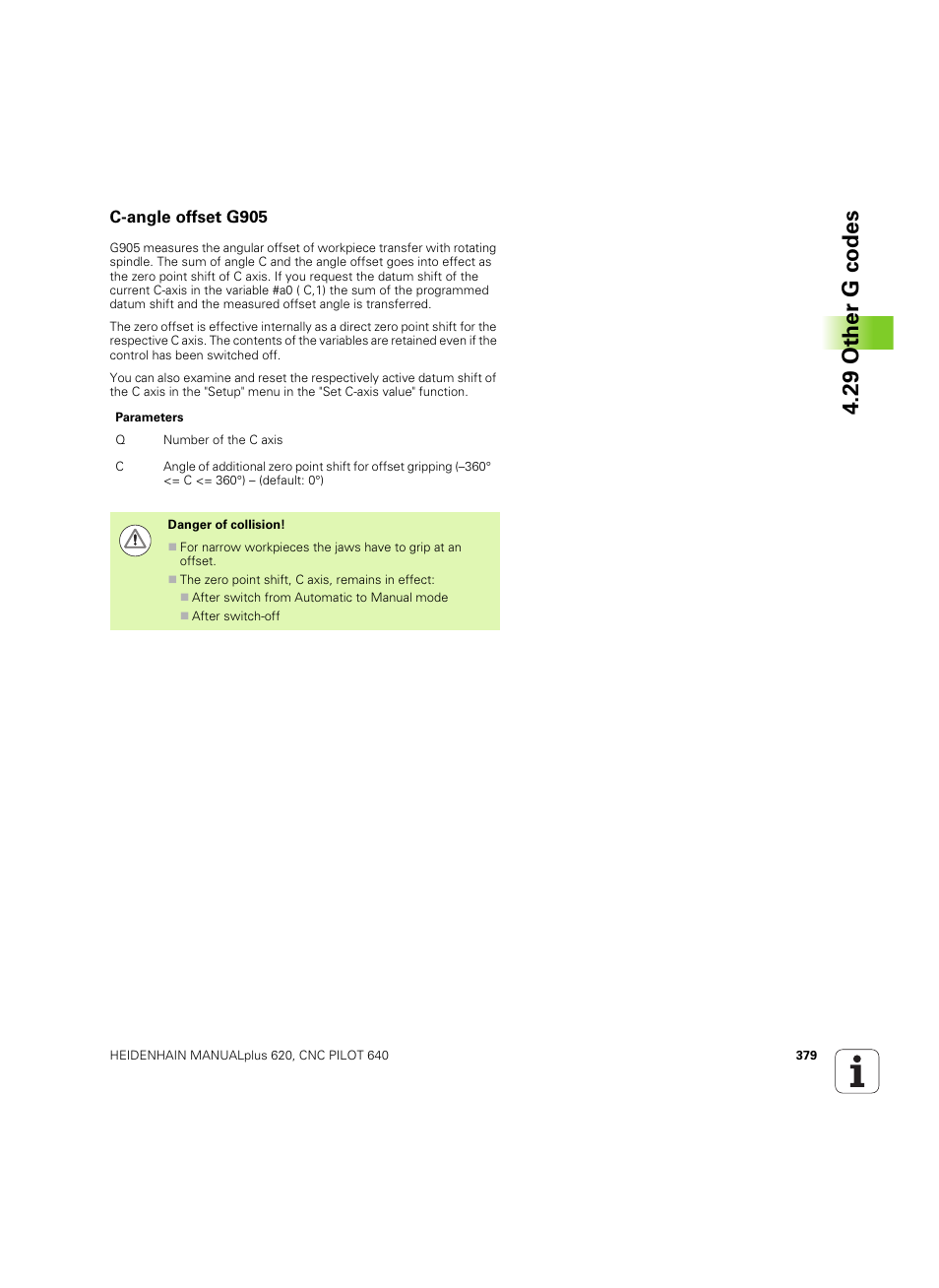 C-angle offset g905, 29 other g codes | HEIDENHAIN SW 54843x-02 DIN Programming User Manual | Page 379 / 601