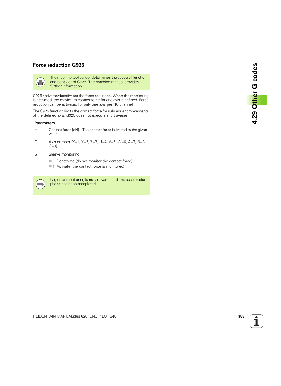 Force reduction g925, 29 other g codes | HEIDENHAIN SW 54843x-02 DIN Programming User Manual | Page 383 / 601