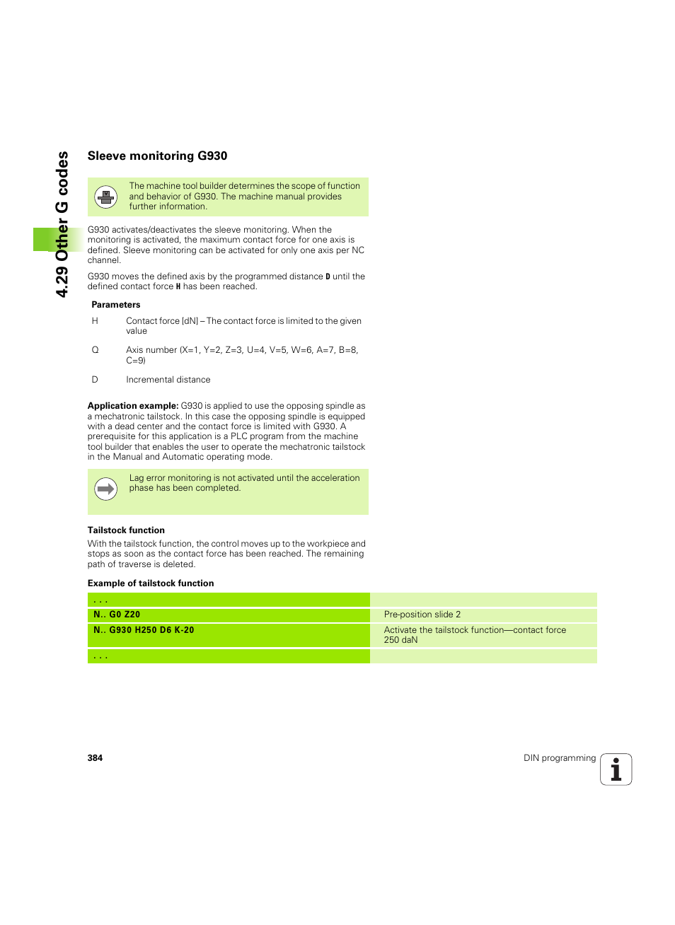 Sleeve monitoring g930, 29 other g codes | HEIDENHAIN SW 54843x-02 DIN Programming User Manual | Page 384 / 601