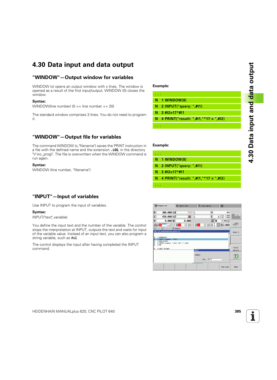 30 data input and data output, Window"—output window for variables, Window"—output file for variables | Input"—input of variables | HEIDENHAIN SW 54843x-02 DIN Programming User Manual | Page 385 / 601