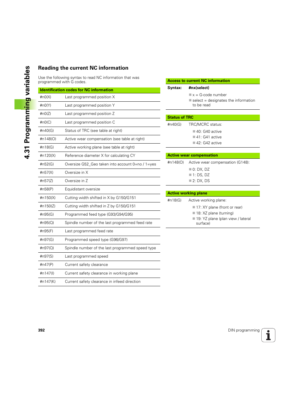 Reading the current nc information, 31 pr ogr amming v a ri ables | HEIDENHAIN SW 54843x-02 DIN Programming User Manual | Page 392 / 601