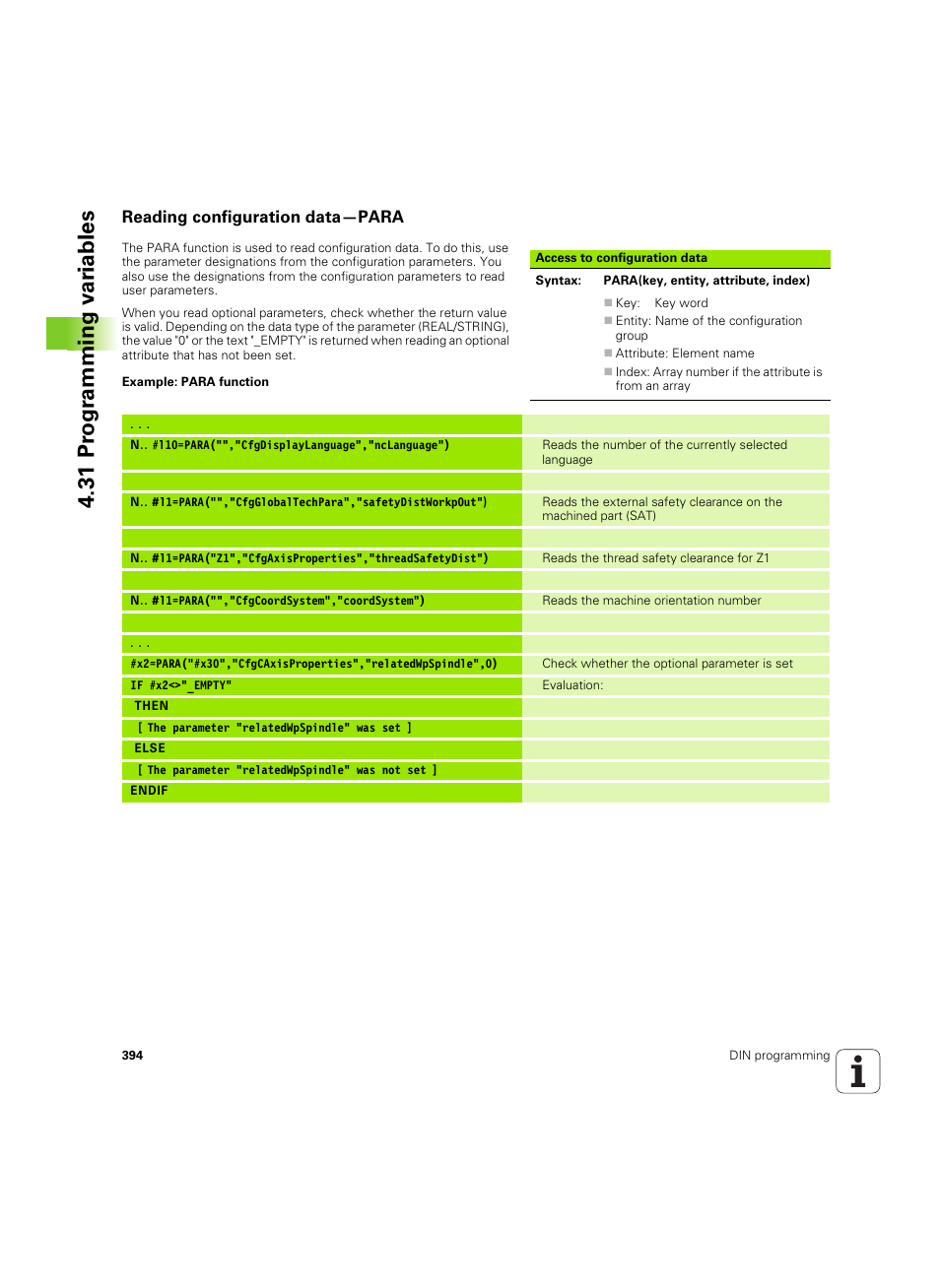 Reading configuration data—para, 31 pr ogr amming v a ri ables | HEIDENHAIN SW 54843x-02 DIN Programming User Manual | Page 394 / 601