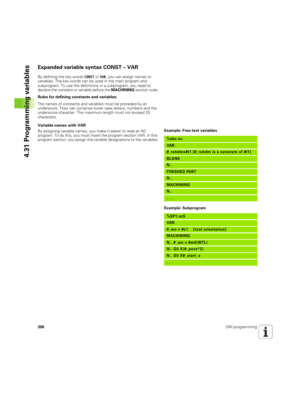 Expanded variable syntax const – var, 31 pr ogr amming v a ri ables | HEIDENHAIN SW 54843x-02 DIN Programming User Manual | Page 396 / 601