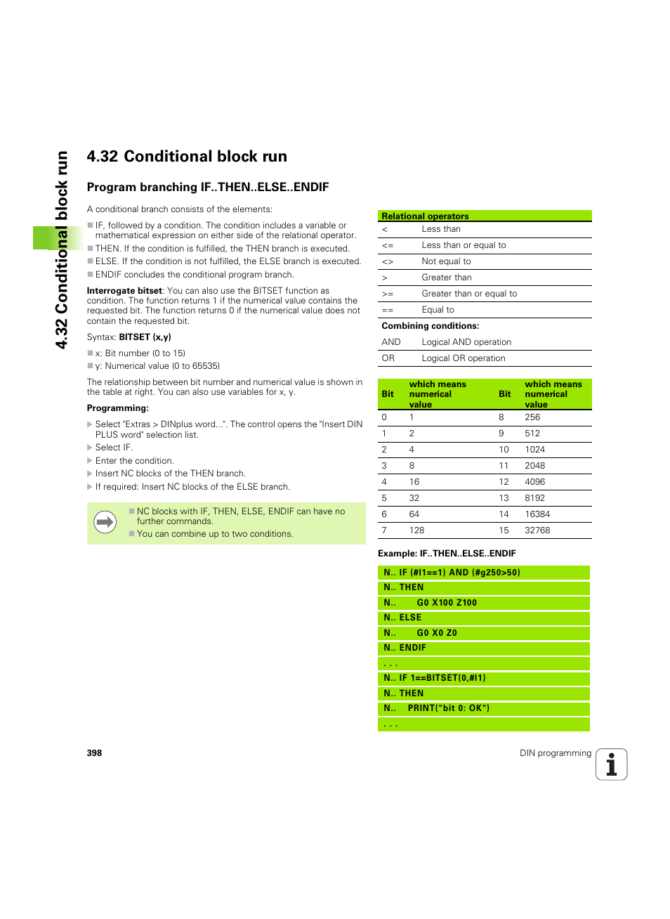 32 conditional block run, Program branching if..then..else..endif | HEIDENHAIN SW 54843x-02 DIN Programming User Manual | Page 398 / 601
