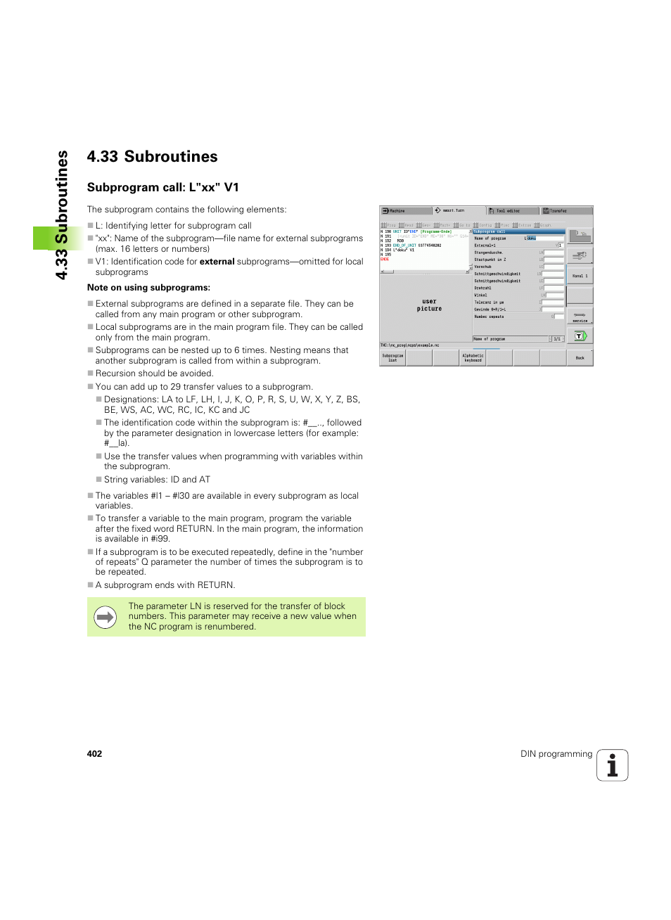 33 subroutines, Subprogram call: l"xx" v1 | HEIDENHAIN SW 54843x-02 DIN Programming User Manual | Page 402 / 601