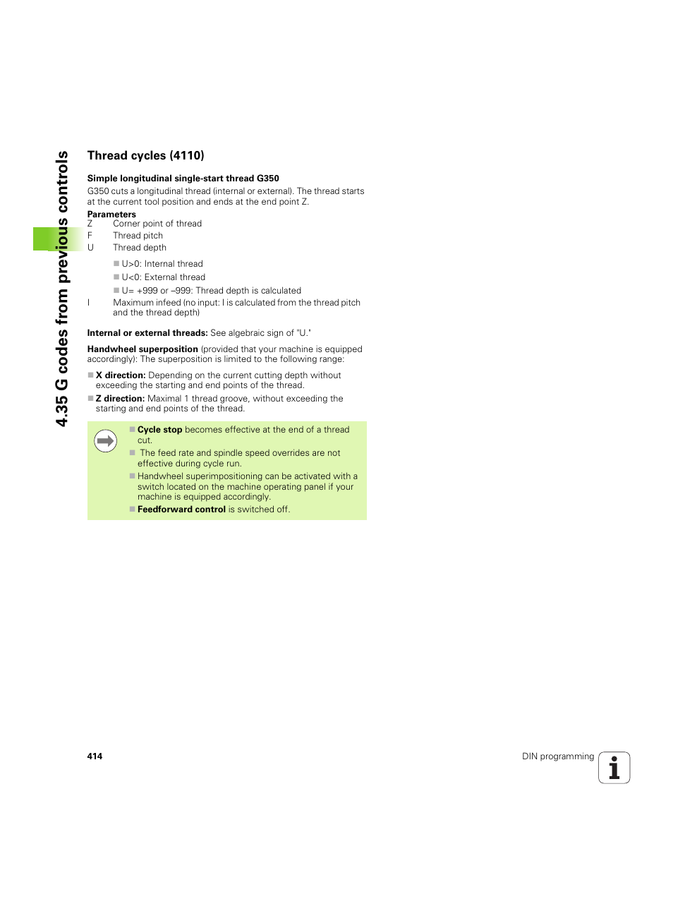 Thread cycles (4110), 35 g codes fr om pr evious contr o ls | HEIDENHAIN SW 54843x-02 DIN Programming User Manual | Page 414 / 601