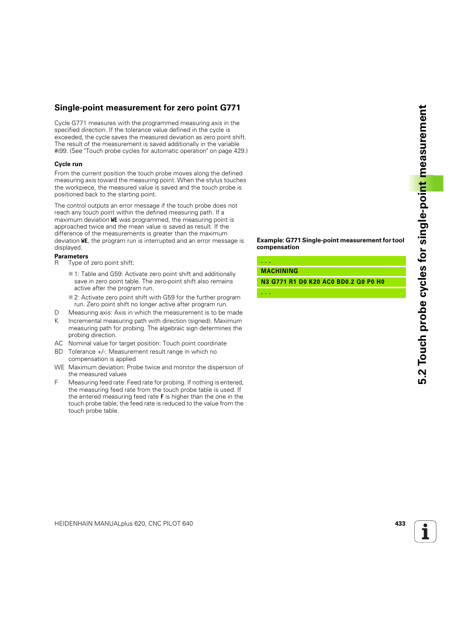 Single-point measurement for zero point g771 | HEIDENHAIN SW 54843x-02 DIN Programming User Manual | Page 433 / 601