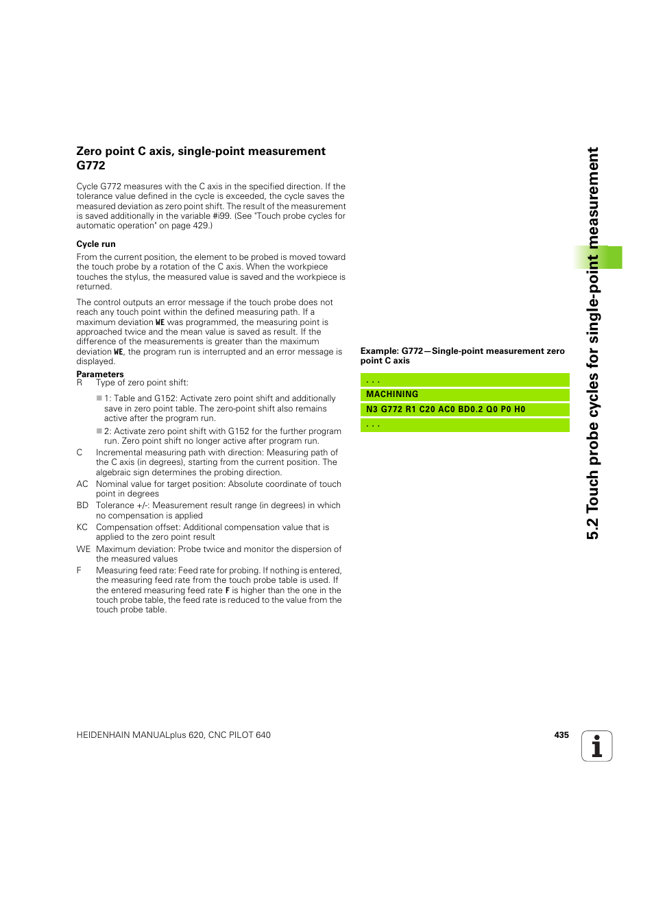 Zero point c axis, single-point measurement g772 | HEIDENHAIN SW 54843x-02 DIN Programming User Manual | Page 435 / 601