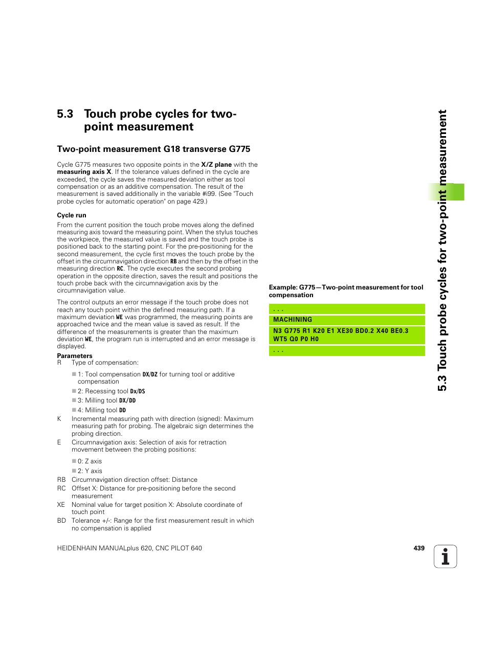 3 touch probe cycles for two- point measurement, Two-point measurement g18 transverse g775, 3 touch probe cycles for two-point measurement | HEIDENHAIN SW 54843x-02 DIN Programming User Manual | Page 439 / 601
