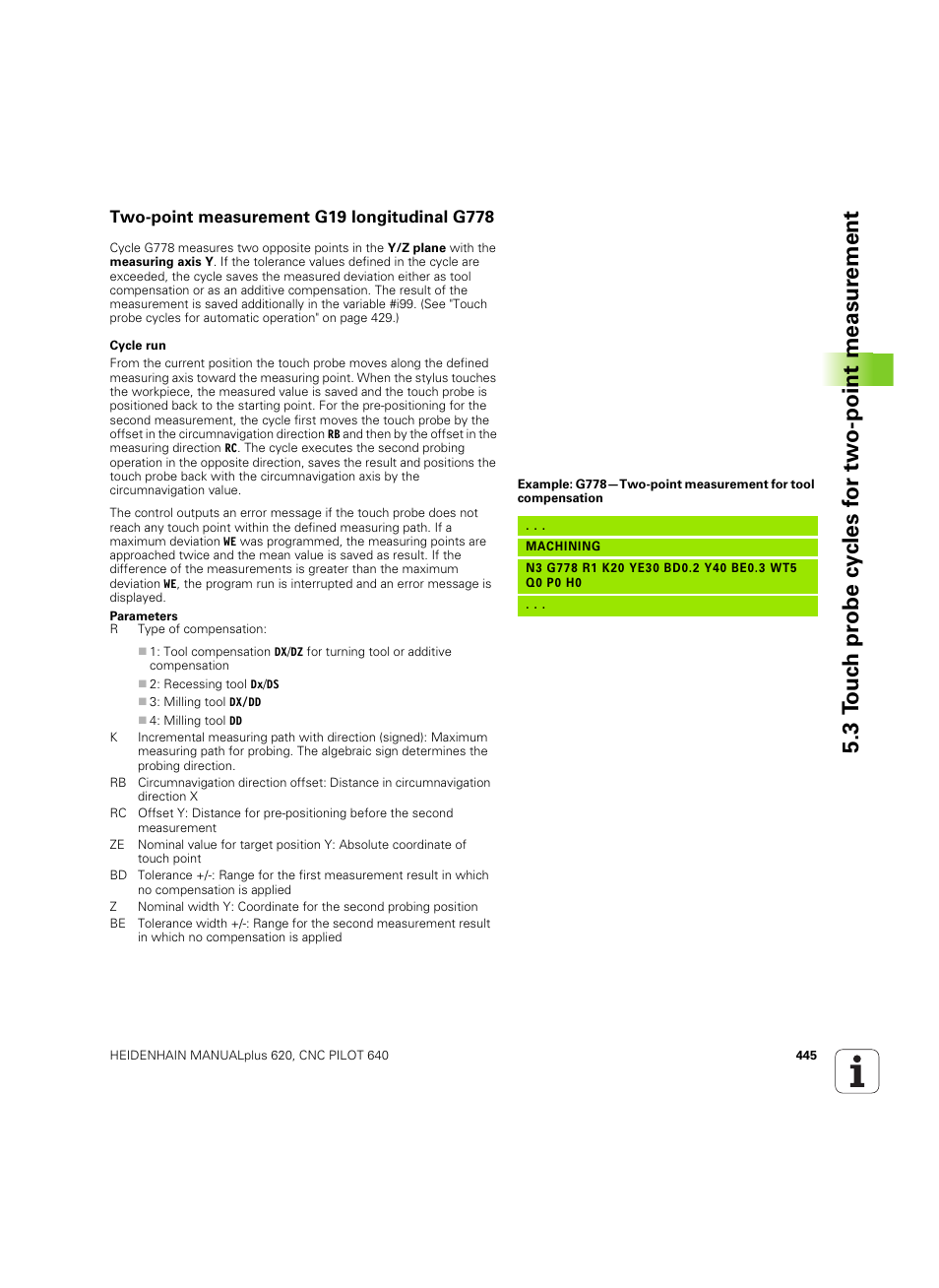 Two-point measurement g19 longitudinal g778 | HEIDENHAIN SW 54843x-02 DIN Programming User Manual | Page 445 / 601