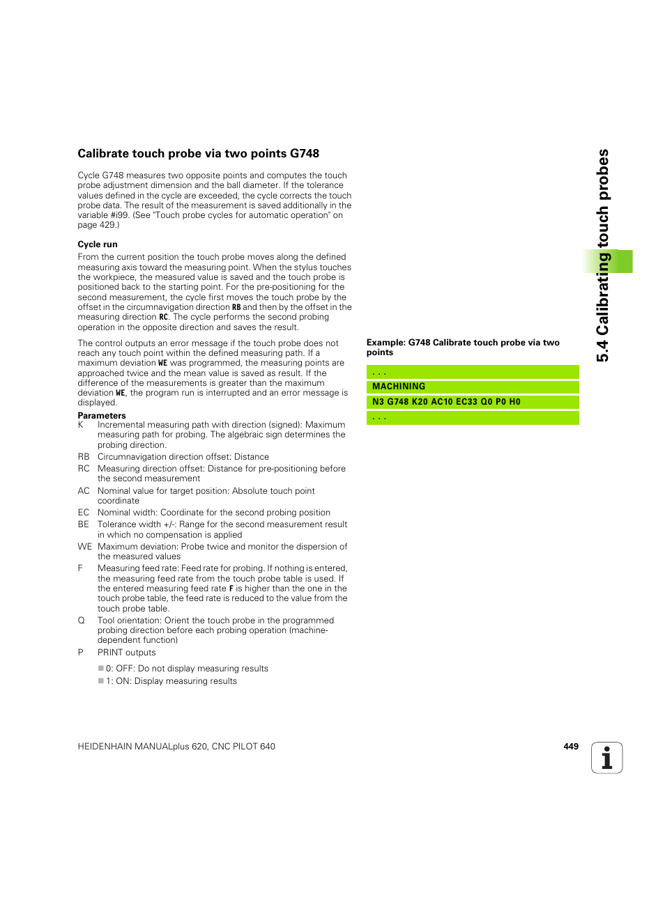 Calibrate touch probe via two points g748, 4 calibr a ting t ouc h pr obes | HEIDENHAIN SW 54843x-02 DIN Programming User Manual | Page 449 / 601