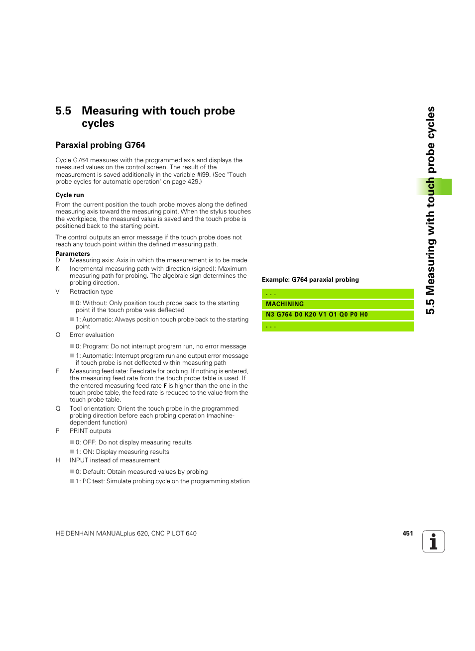 5 measuring with touch probe cycles, Paraxial probing g764 | HEIDENHAIN SW 54843x-02 DIN Programming User Manual | Page 451 / 601