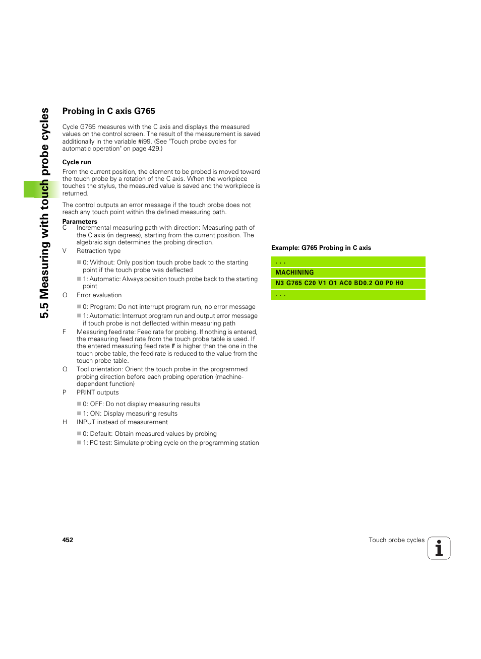 Probing in c axis g765, 5 measur ing with t o uc h pr obe cy cles | HEIDENHAIN SW 54843x-02 DIN Programming User Manual | Page 452 / 601