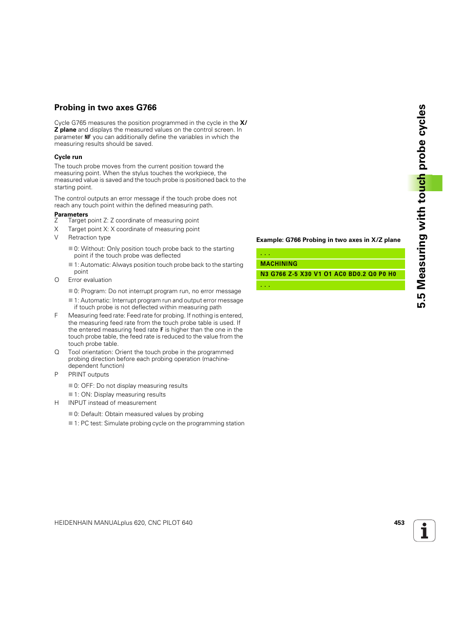 Probing in two axes g766, 5 measur ing with t o uc h pr obe cy cles | HEIDENHAIN SW 54843x-02 DIN Programming User Manual | Page 453 / 601