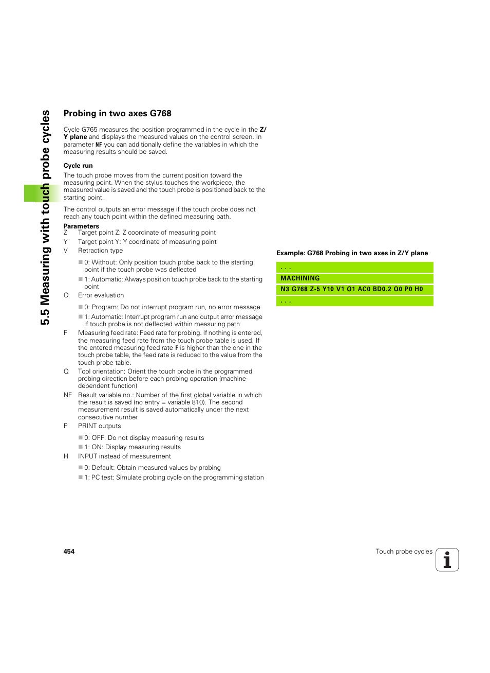 Probing in two axes g768, 5 measur ing with t o uc h pr obe cy cles | HEIDENHAIN SW 54843x-02 DIN Programming User Manual | Page 454 / 601