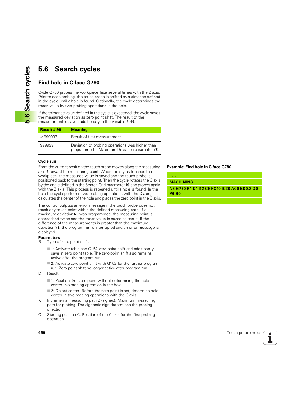 6 search cycles, Find hole in c face g780, 6 sear c h cy cles 5.6 search cycles | HEIDENHAIN SW 54843x-02 DIN Programming User Manual | Page 456 / 601