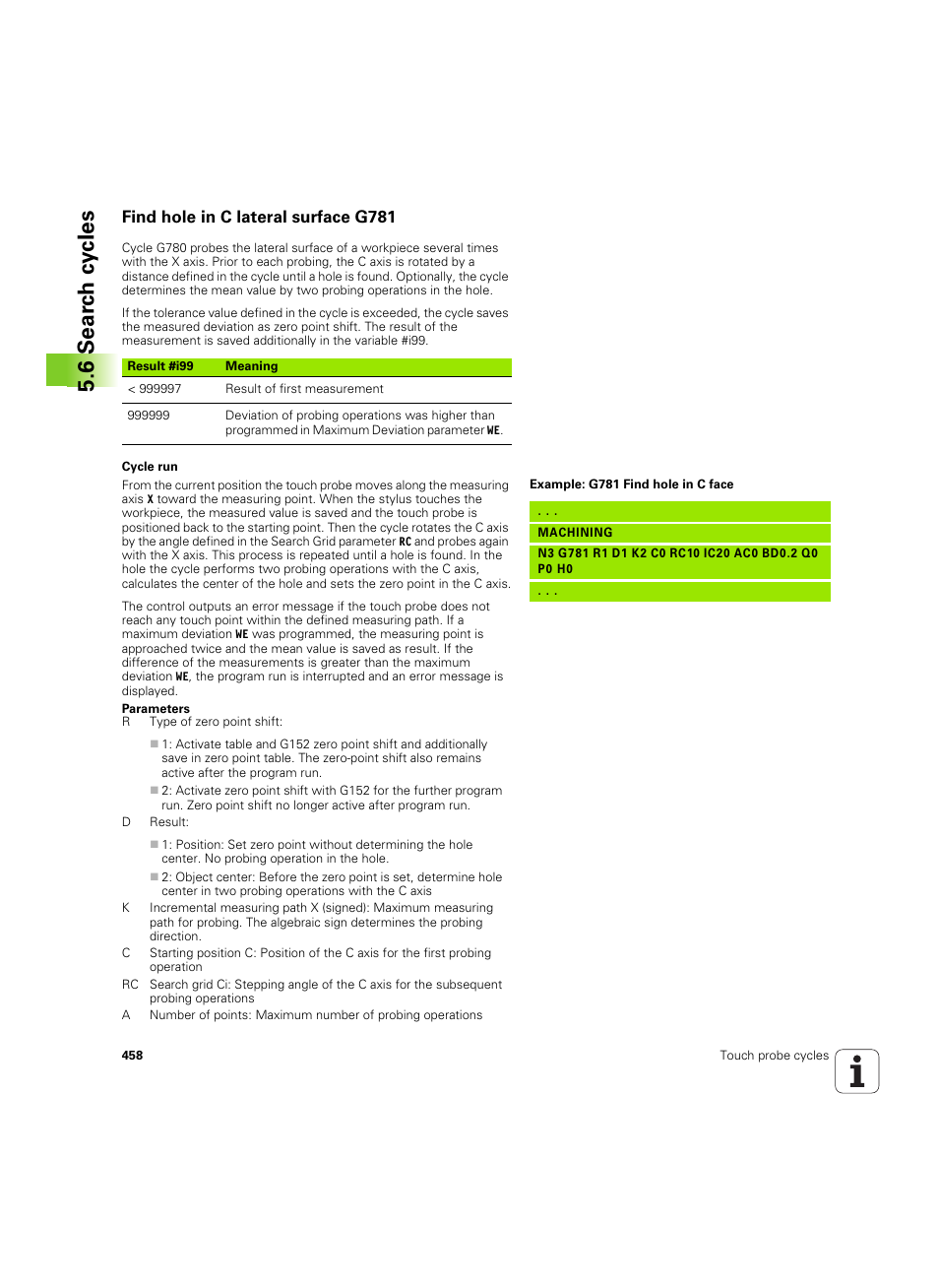 Find hole in c lateral surface g781, 6 sear c h cy cles | HEIDENHAIN SW 54843x-02 DIN Programming User Manual | Page 458 / 601