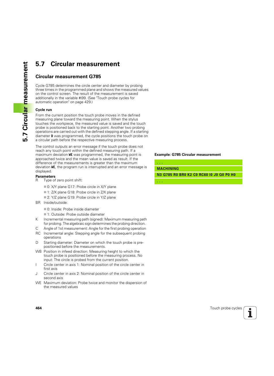 7 circular measurement, Circular measurement g785, 7 cir c ular measur ement 5.7 circular measurement | HEIDENHAIN SW 54843x-02 DIN Programming User Manual | Page 464 / 601