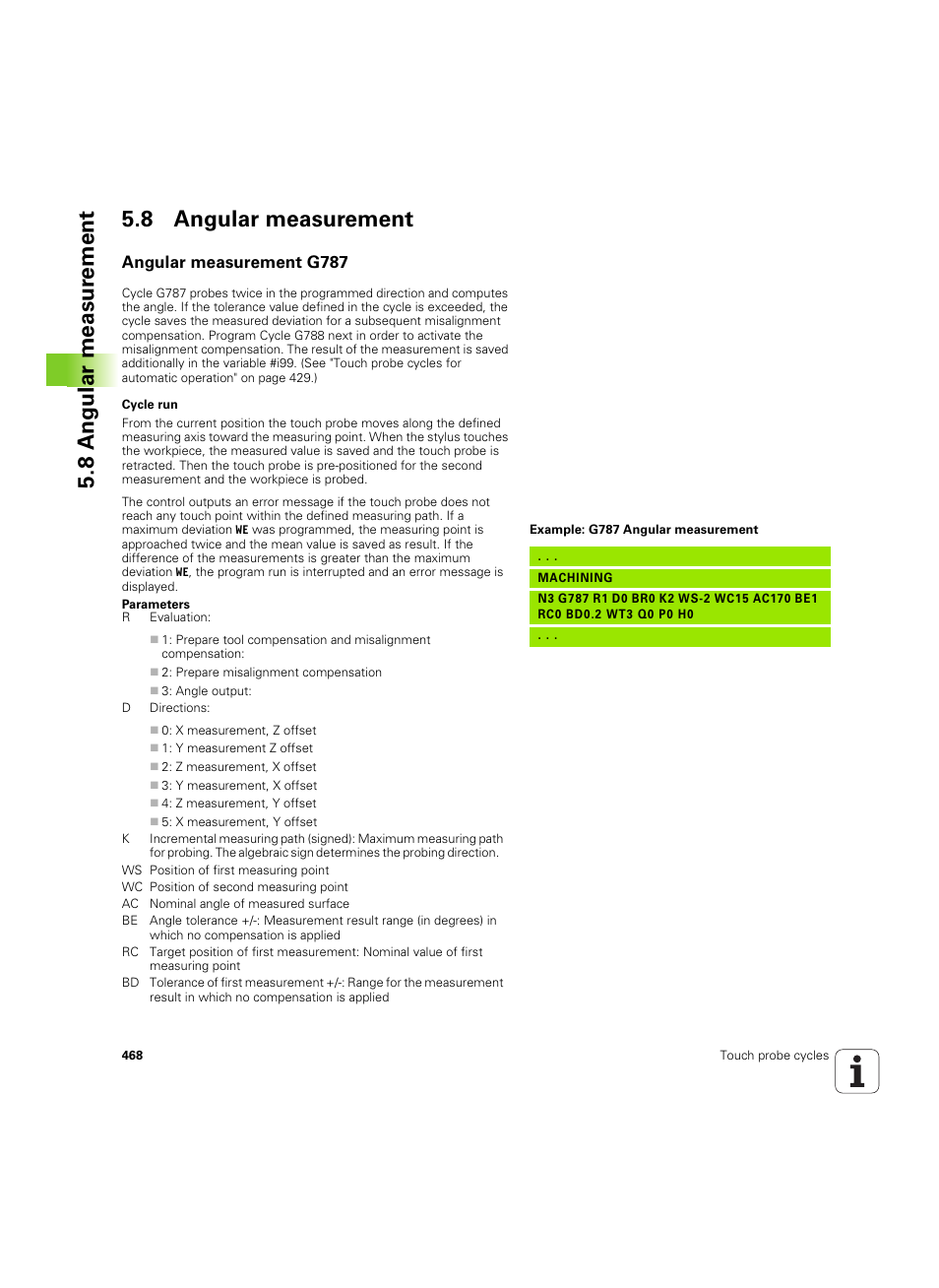 8 angular measurement, Angular measurement g787, 8 angular measur ement 5.8 angular measurement | HEIDENHAIN SW 54843x-02 DIN Programming User Manual | Page 468 / 601