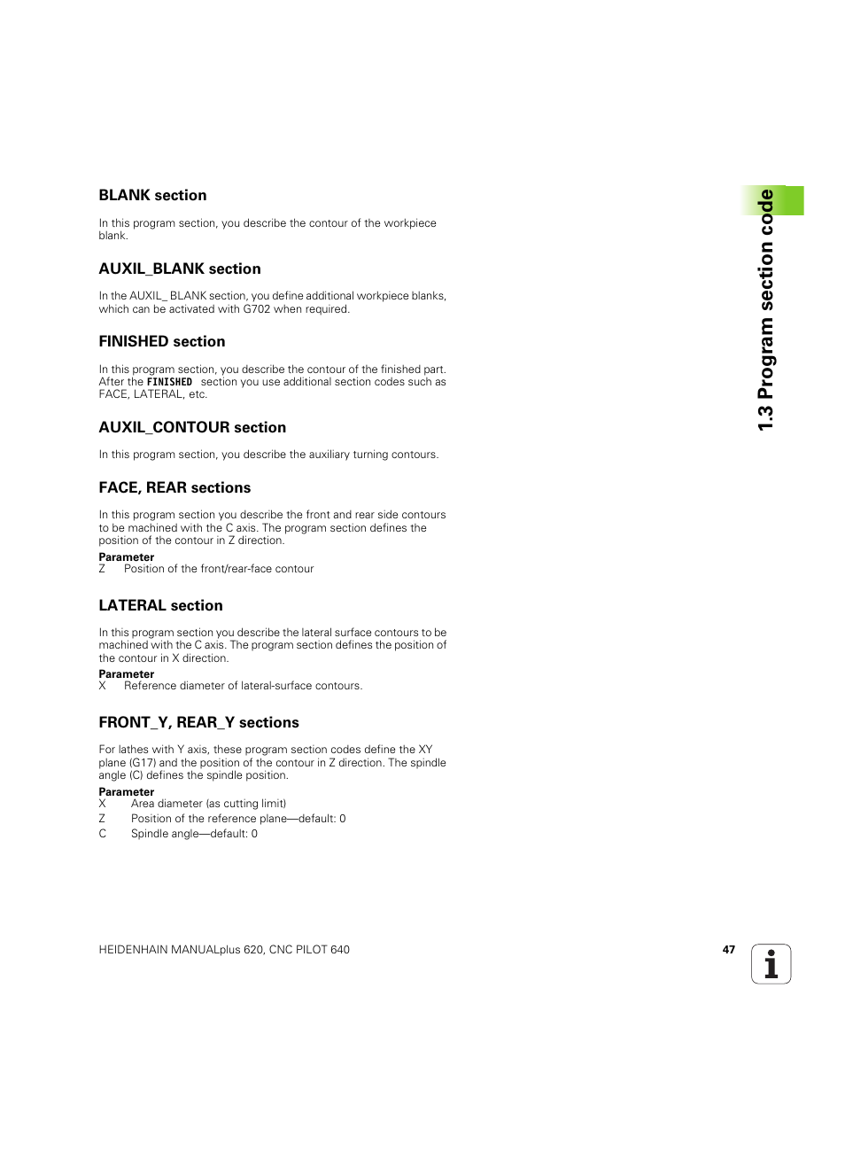 Blank section, Auxil_blank section, Finished section | Auxil_contour section, Face, rear sections, Lateral section, Front_y, rear_y sections | HEIDENHAIN SW 54843x-02 DIN Programming User Manual | Page 47 / 601