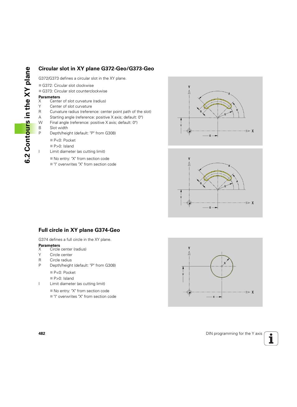 Circular slot in xy plane g372-geo/g373-geo, Full circle in xy plane g374-geo, 2 cont ours in the xy plane | HEIDENHAIN SW 54843x-02 DIN Programming User Manual | Page 482 / 601