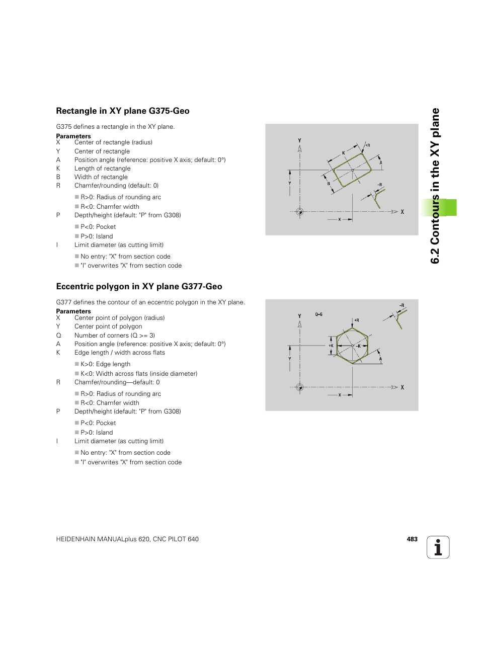 Rectangle in xy plane g375-geo, Eccentric polygon in xy plane g377-geo, 2 cont ours in the xy plane | HEIDENHAIN SW 54843x-02 DIN Programming User Manual | Page 483 / 601