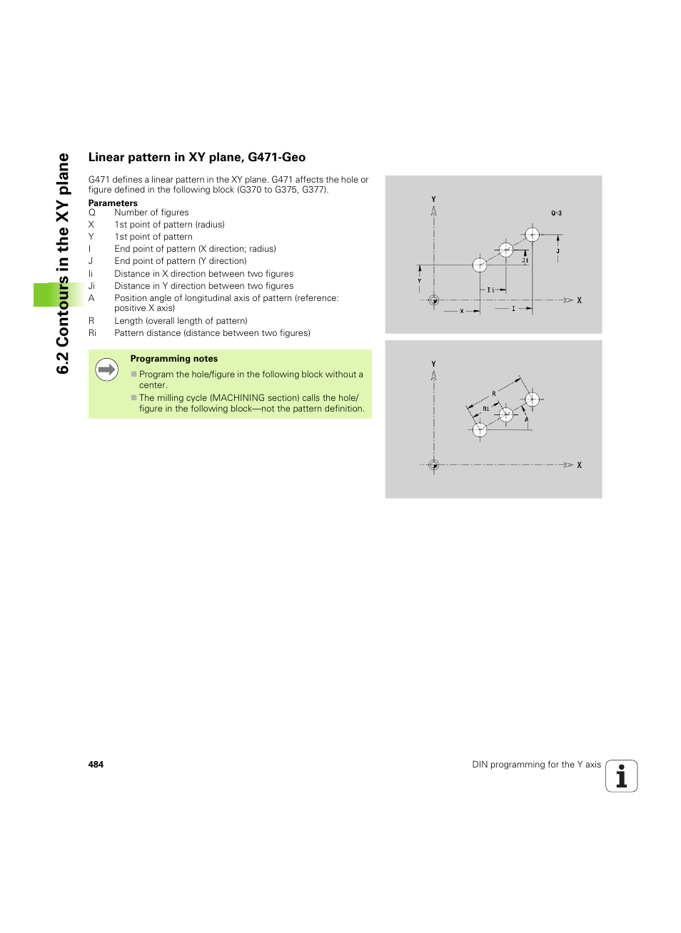 Linear pattern in xy plane, g471-geo, 2 cont ours in the xy plane | HEIDENHAIN SW 54843x-02 DIN Programming User Manual | Page 484 / 601