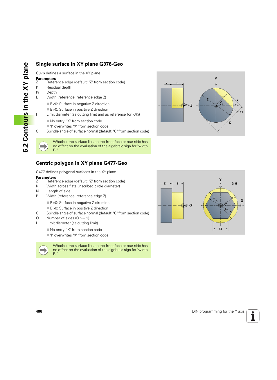 Single surface in xy plane g376-geo, Centric polygon in xy plane g477-geo, 2 cont ours in the xy plane | HEIDENHAIN SW 54843x-02 DIN Programming User Manual | Page 486 / 601