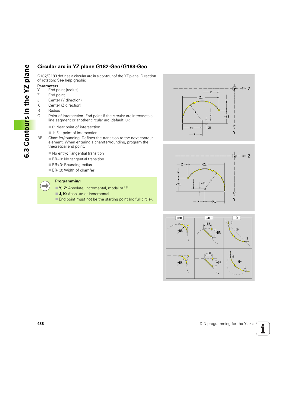 Circular arc in yz plane g182-geo/g183-geo, 3 cont ours in the yz plane | HEIDENHAIN SW 54843x-02 DIN Programming User Manual | Page 488 / 601