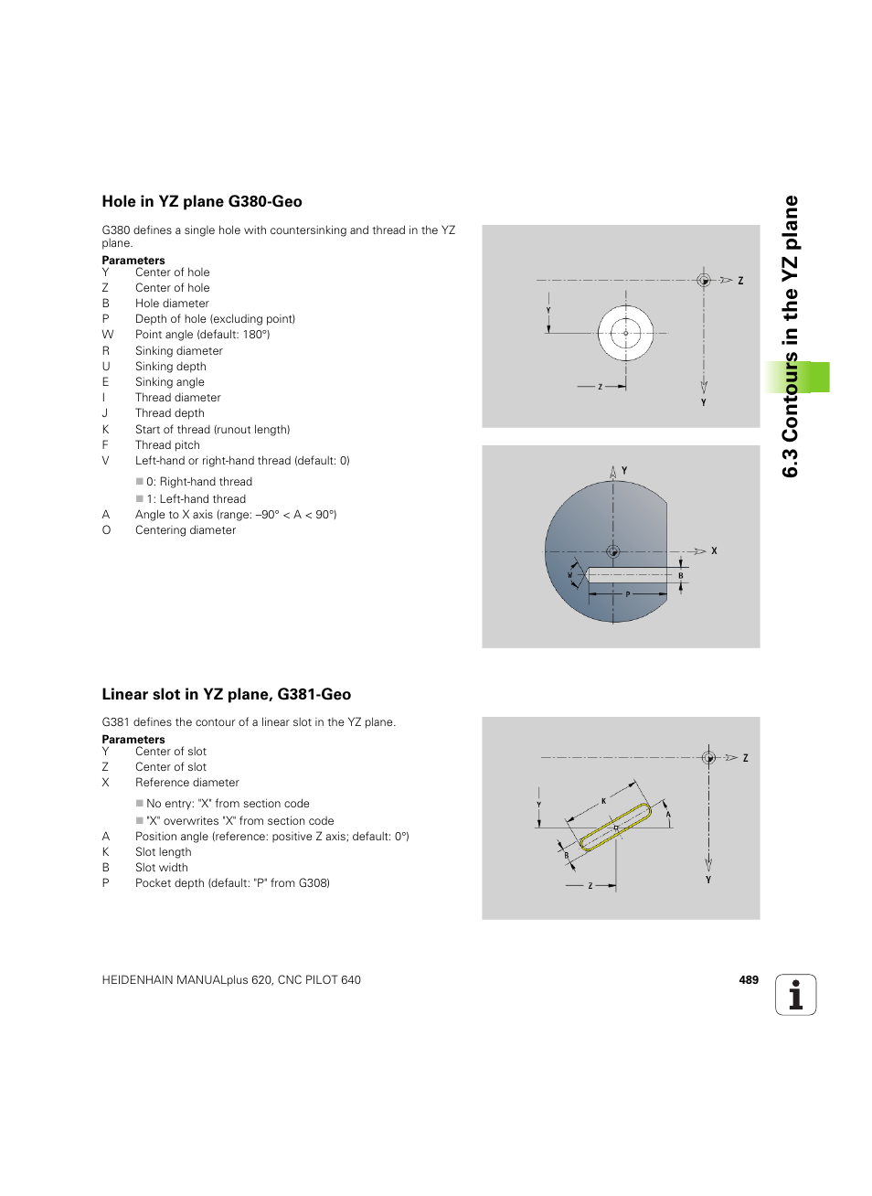 Hole in yz plane g380-geo, Linear slot in yz plane, g381-geo, 3 cont ours in the yz plane | HEIDENHAIN SW 54843x-02 DIN Programming User Manual | Page 489 / 601