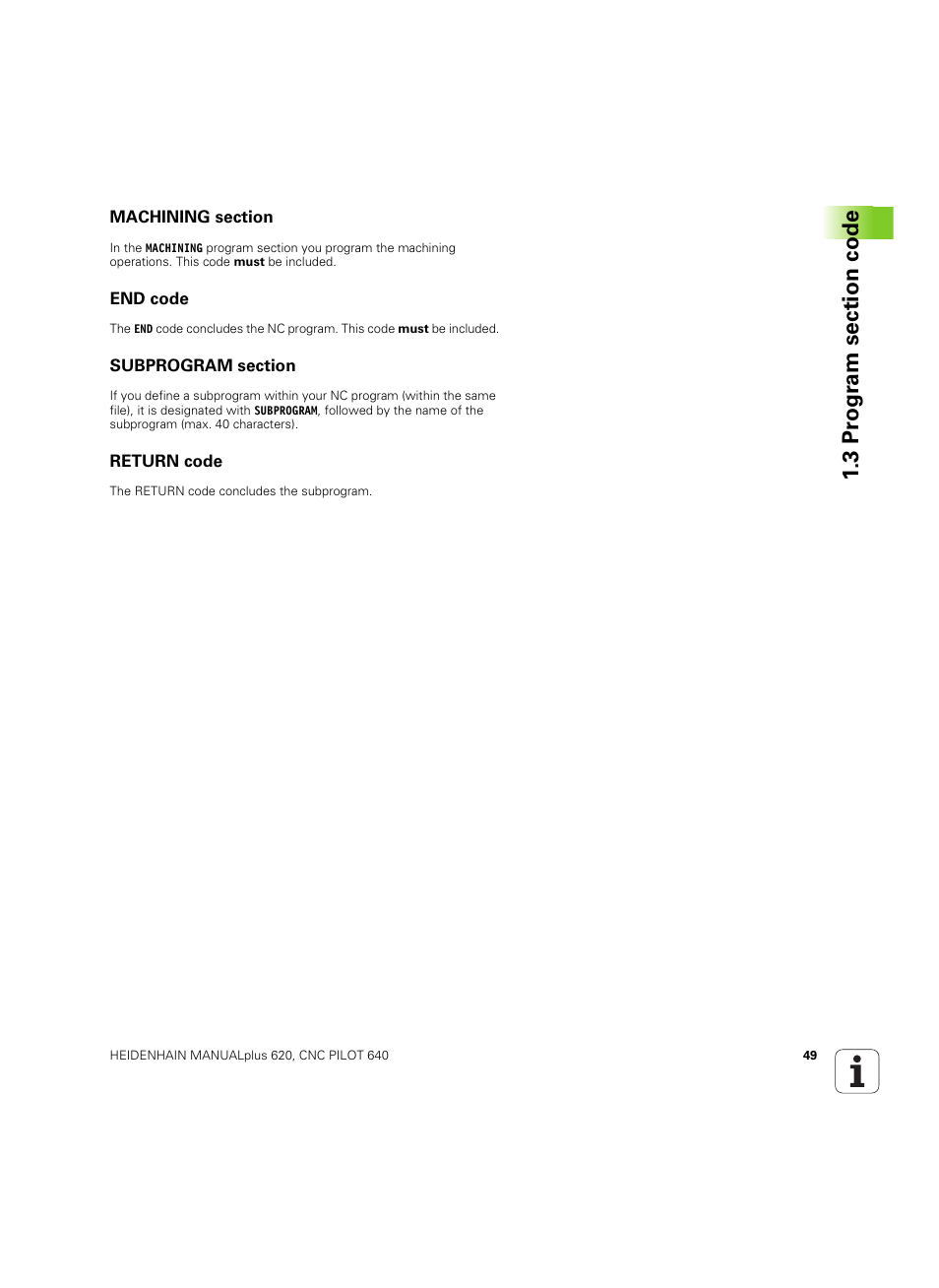 Machining section, End code, Subprogram section | Return code | HEIDENHAIN SW 54843x-02 DIN Programming User Manual | Page 49 / 601