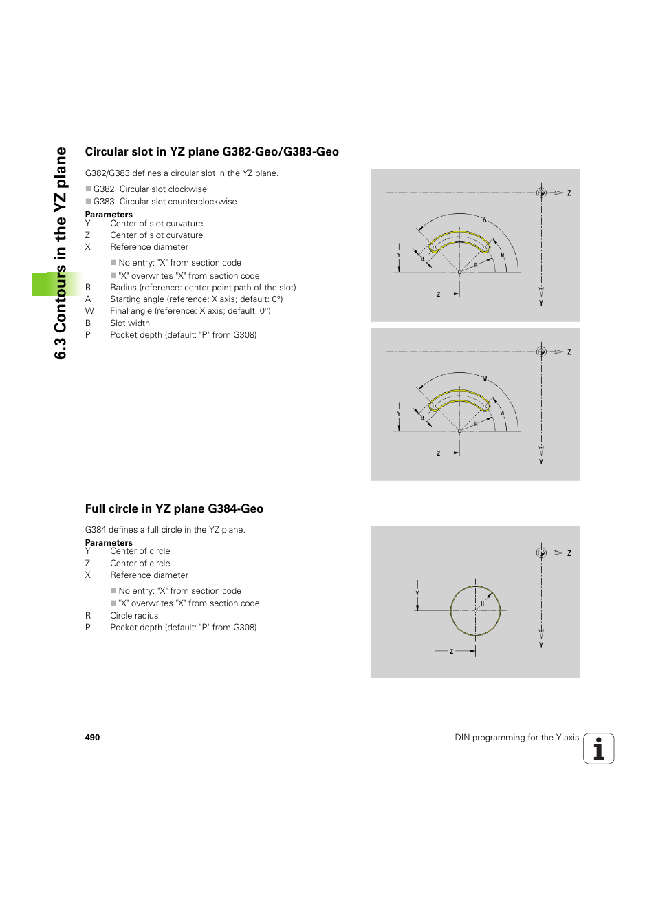 Circular slot in yz plane g382-geo/g383-geo, Full circle in yz plane g384-geo, 3 cont ours in the yz plane | HEIDENHAIN SW 54843x-02 DIN Programming User Manual | Page 490 / 601
