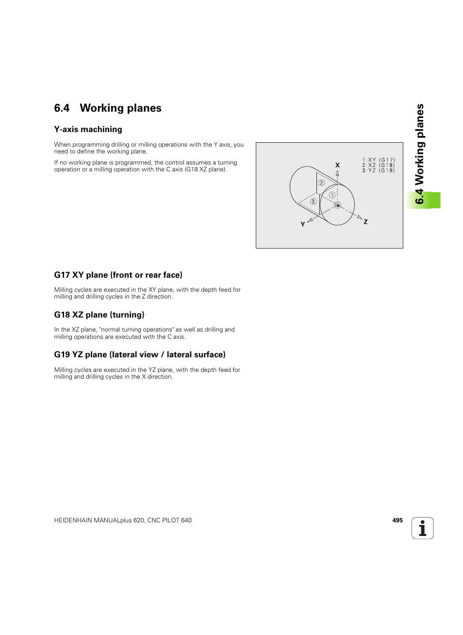 4 working planes, Y-axis machining, G17 xy plane (front or rear face) | G18 xz plane (turning), G19 yz plane (lateral view / lateral surface), 4 w o rk ing plan es 6.4 working planes | HEIDENHAIN SW 54843x-02 DIN Programming User Manual | Page 495 / 601