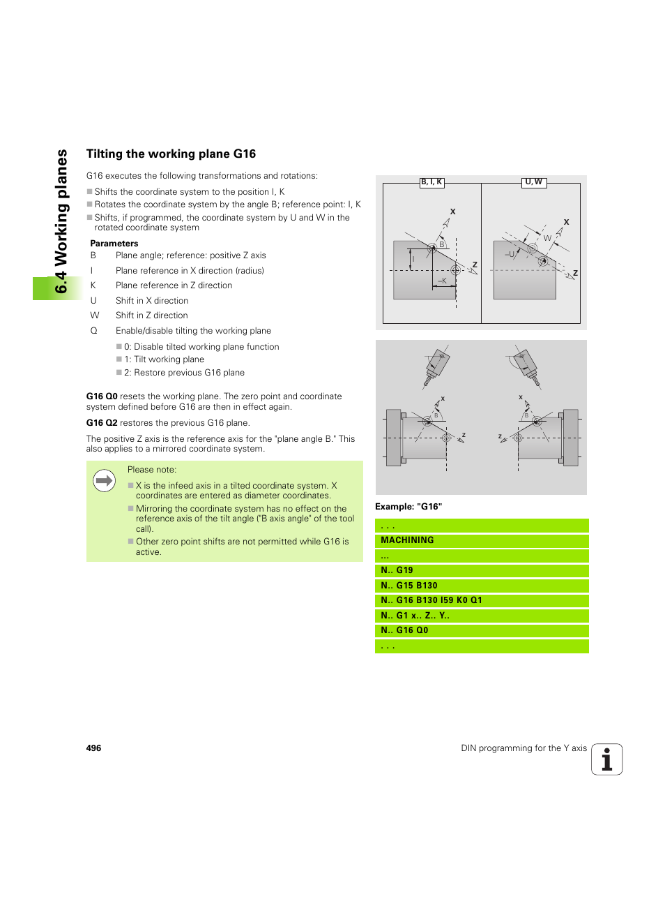 Tilting the working plane g16, 4 w o rk ing plan es | HEIDENHAIN SW 54843x-02 DIN Programming User Manual | Page 496 / 601