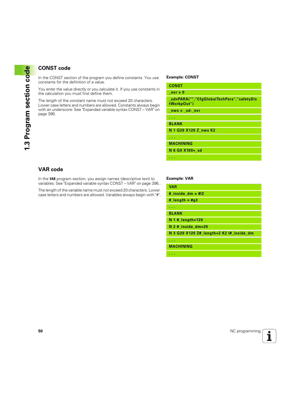Const code, Var code | HEIDENHAIN SW 54843x-02 DIN Programming User Manual | Page 50 / 601
